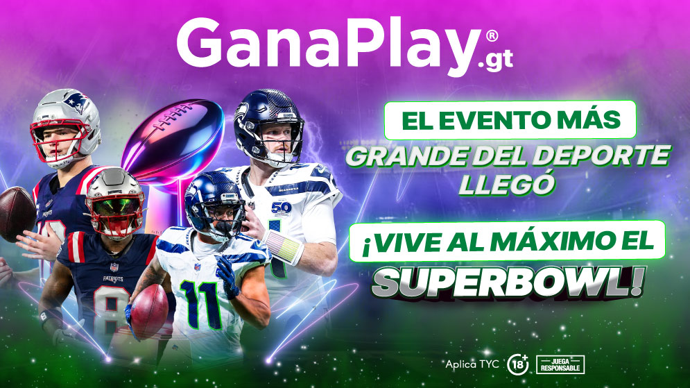 Super Bowl 2026 en Ganaplay con cuotas competitivas y opciones de apuestas deportivas en vivo para los fanáticos de los partidos NFL en Guatemala